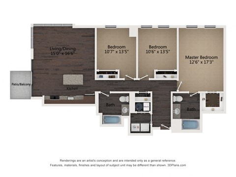 Floor plan for 3 beds, 2 baths, 1367 sqft